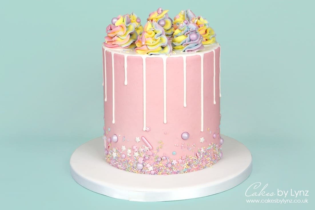 Pastel Buttercream Sprinkle Cake – White Drip and Rainbow Swirls Tutorial