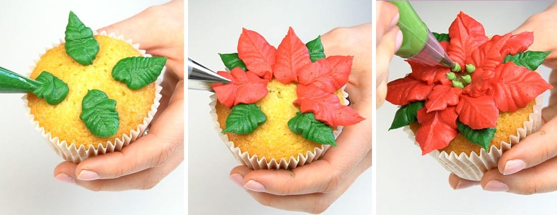 how to pipe a poinsettia cupcake