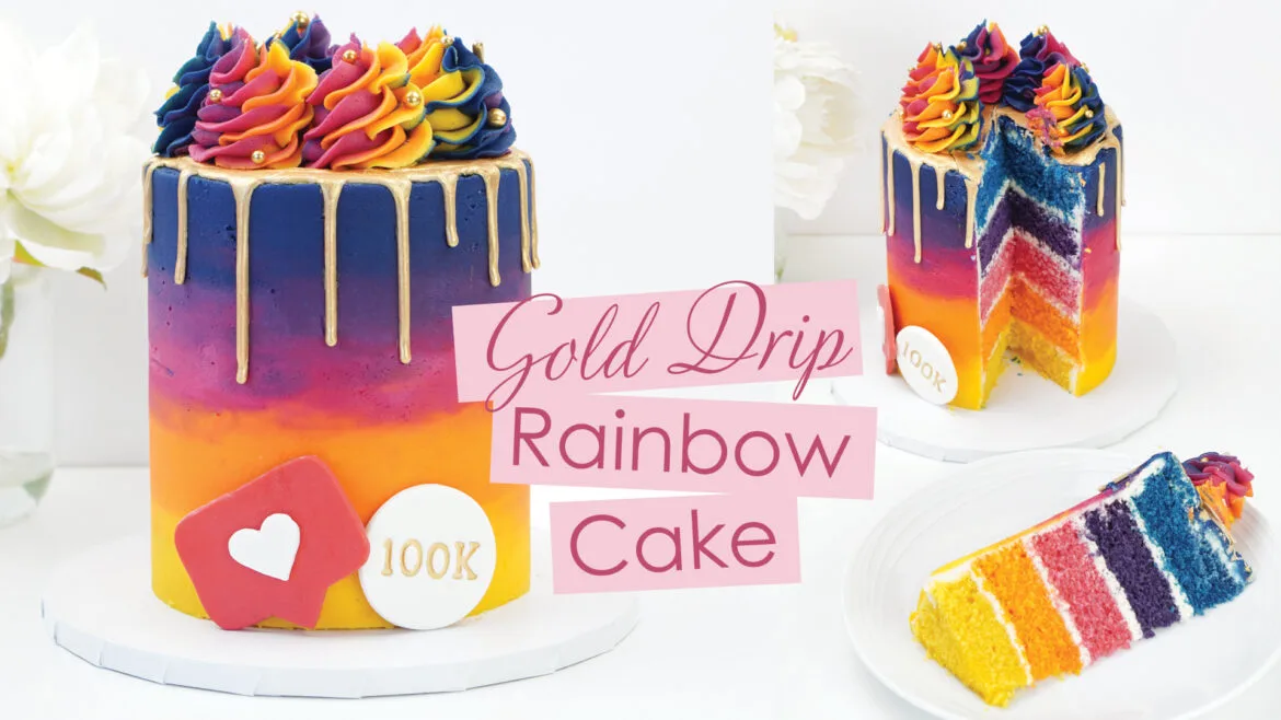 Gold drip rainbow cake tutorial