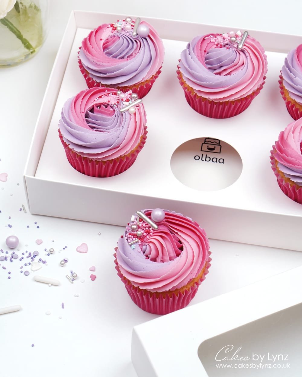 Olbaa cupcake boxes with buttercream rosette swirl cupcakes