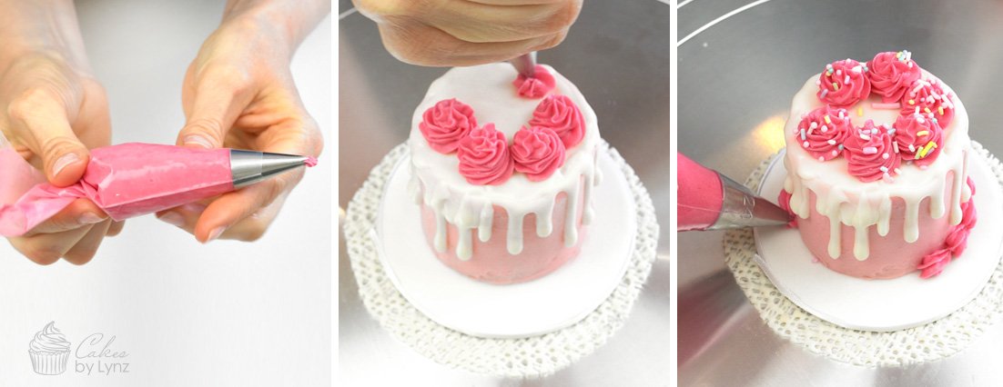 piping a mini cake with a mini piping bag
