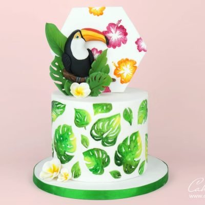 Tropical leaves toucan cake tutorial